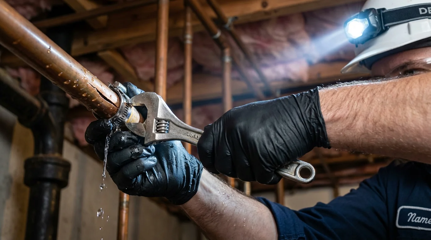 Emergency pipe clamp repair being performed by a Johns Plumbing LLC plumber in Statenville