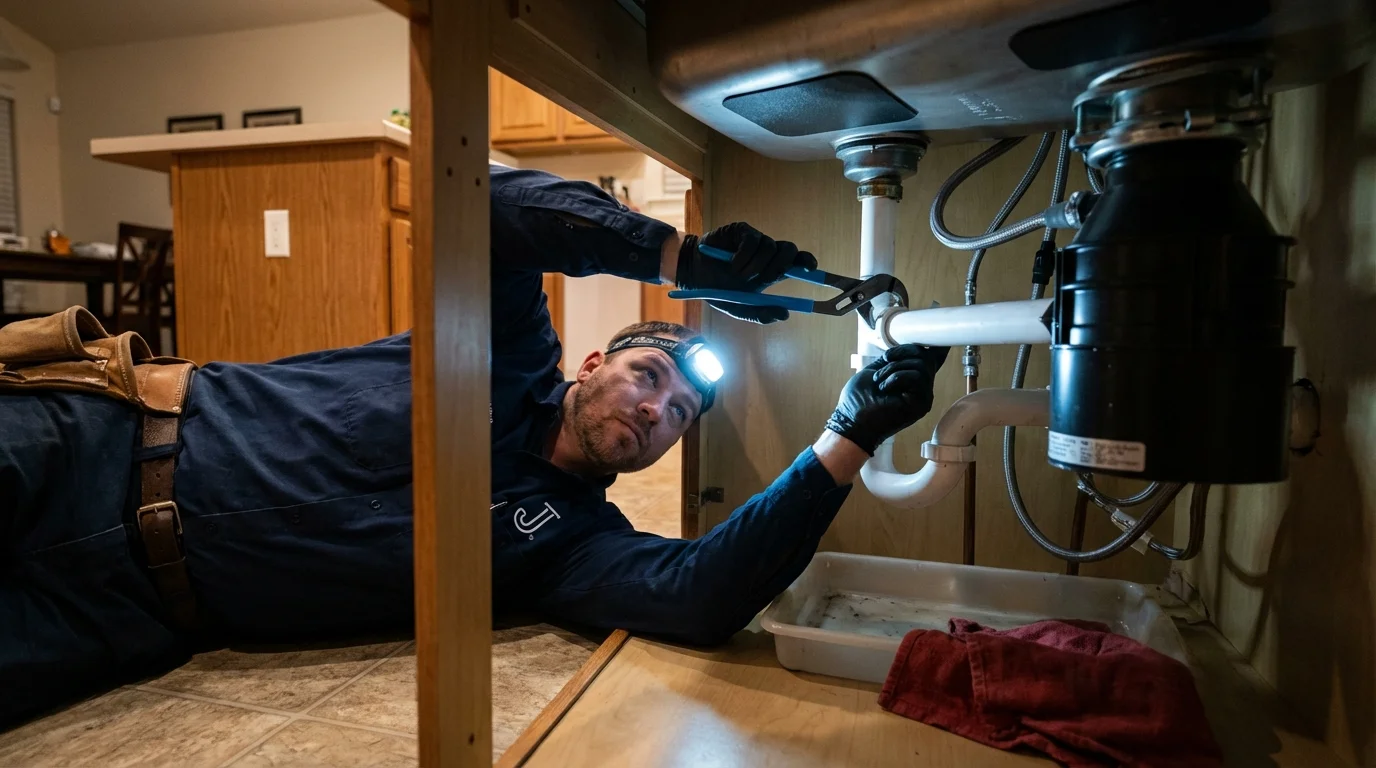 P-trap and supply line connections under a kitchen sink showing a common leak point in Statenville, GA